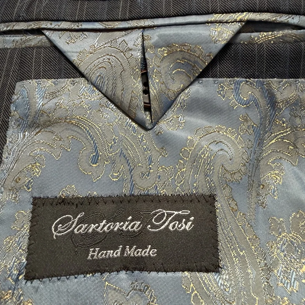 Sartoria Tosi 42R Hand Made Italy Super 150s/Silk Blazer Gray Blue Pinstripe